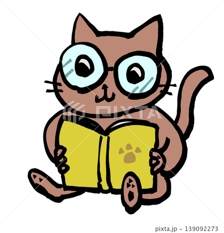 読書をしているメガネをかけた茶猫の手描きイラスト 読書をしているメガネをかけた茶猫の手描きイラスト 139092273