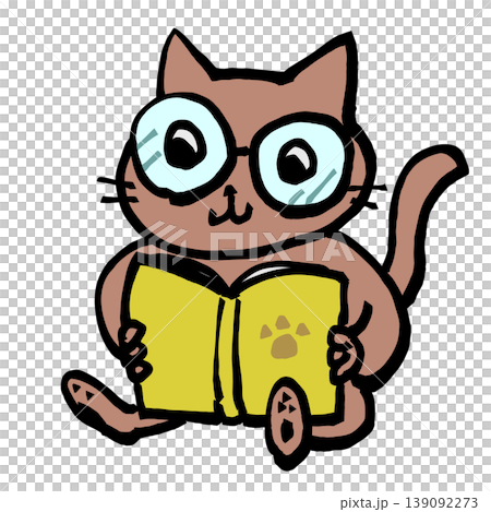 読書をしているメガネをかけた茶猫の手描きイラスト 読書をしているメガネをかけた茶猫の手描きイラスト 139092273