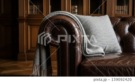 Interior - Classic Brown Leather Chesterfield Sofa with Gray Knit Blanket and Pillow in Elegant Home Library Interior - Classic Brown Leather Chesterfield Sofa with Gray Knit Blanket and Pillow in Elegant Home Library 139092420