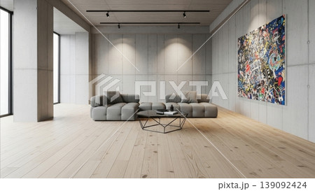 Interior Design - Modern Minimalist Concrete Loft Living Room with Gray Sectional Sofa and Abstract Wall Art Interior Design - Modern Minimalist Concrete Loft Living Room with Gray Sectional Sofa and Abstract Wall Art 139092424