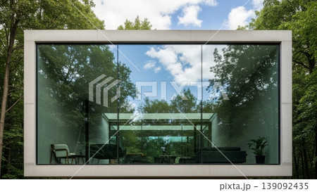 Architecture - Modern Glass Pavilion with Concrete Frame Surrounded by Lush Green Forest Trees 139092435