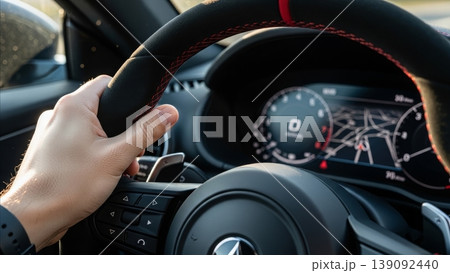 Driver hand gripping black leather steering wheel with red stitching inside modern car cockpit dashboard instrument cluster Driver hand gripping black leather steering wheel with red stitching inside modern car cockpit dashboard instrument cluster 139092440