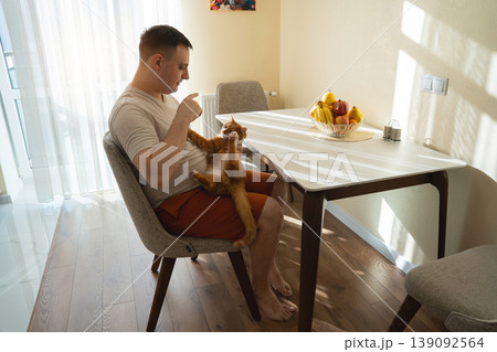 A 35 year old caucasian man plays with his ginger cat while sitting at the kitchen table. Love for pets concept 139092564
