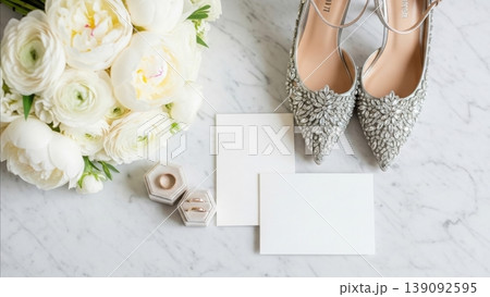 Wedding - Bridal Details Flatlay with Crystal Heels Bouquet Wedding Rings and Blank Invitation Cards on Marble 139092595