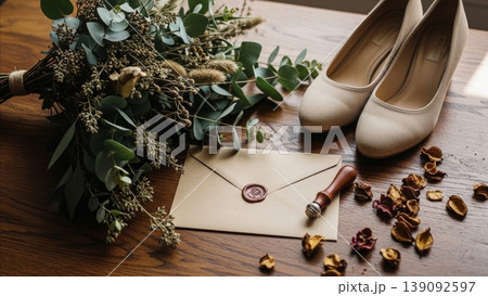 Wedding - Bridal Flat Shoes Wax Sealed Envelope Eucalyptus Bouquet Dried Flowers Scattered Petals on Wooden Table Wedding - Bridal Flat Shoes Wax Sealed Envelope Eucalyptus Bouquet Dried Flowers Scattered Petals on Wooden Table 139092597