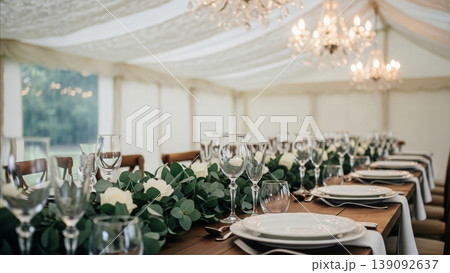 Wedding - Elegant Marquee Reception Table Setting with Eucalyptus Garland White Roses and Crystal Chandeliers 139092637