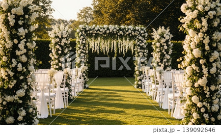 Wedding - Elegant Outdoor Garden Ceremony Aisle With White Floral Arches Chiavari Chairs and Lush Green Hedges Wedding - Elegant Outdoor Garden Ceremony Aisle With White Floral Arches Chiavari Chairs and Lush Green Hedges 139092646