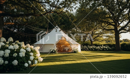 Wedding - Elegant White Bell Tent Setup in Lush Garden with Fairy Lights and White Hydrangeas at Golden Hour Wedding - Elegant White Bell Tent Setup in Lush Garden with Fairy Lights and White Hydrangeas at Golden Hour 139092652
