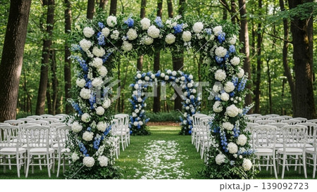 Wedding - Outdoor Forest Wedding Ceremony with Floral Arches White Hydrangeas Blue Delphiniums and White Chairs 139092723