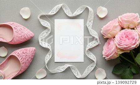 Wedding - Pink Lace Heels Pink Roses Lace Ribbon and Blank Card Flat Lay on Gray Linen Background Wedding - Pink Lace Heels Pink Roses Lace Ribbon and Blank Card Flat Lay on Gray Linen Background 139092729
