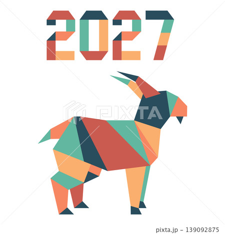 Origami goat illustration with 2027 text, colorful geometric shapes, white background 139092875