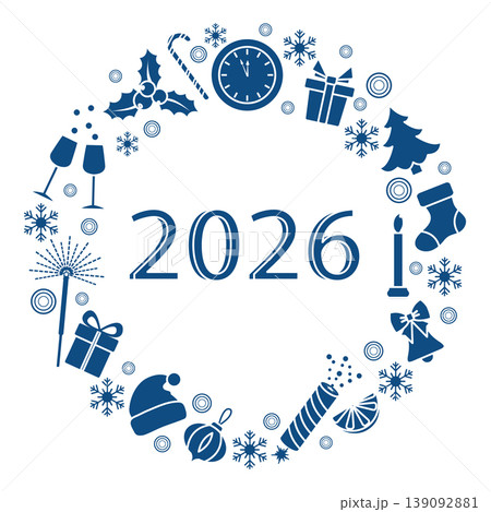 New year 2026 greeting card design with festive icons forming a circular frame 139092881