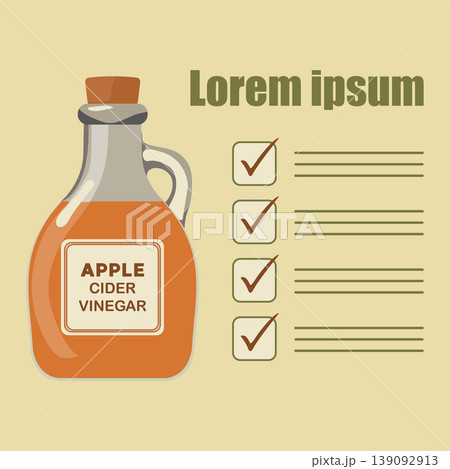 Apple cider vinegar bottle illustration with checklist and text space, suitable for background use Apple cider vinegar bottle illustration with checklist and text space, suitable for background use 139092913