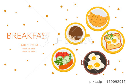 Breakfast illustration featuring coffee, eggs, and a croissant with copy space as a background 139092915