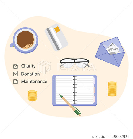 Flat lay of donation planning with notebook, coins, and credit card, suitable as financial concept background Flat lay of donation planning with notebook, coins, and credit card, suitable as financial concept background 139092922