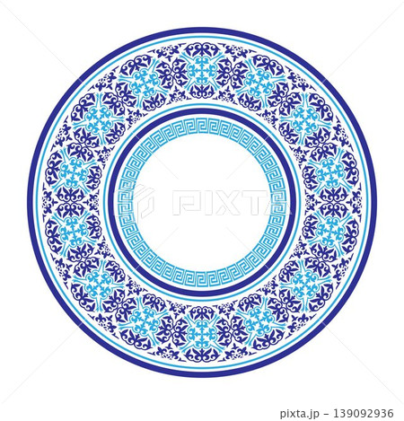 Oriental porcelain plate with floral pattern. Blue Ethnic Asia national round frame. Of the nomadic peoples of Asia, Kazakh, Kyrgyz, Mongol, Turk, Turkmen. For plate, ceramic, medallion, embroidery 139092936