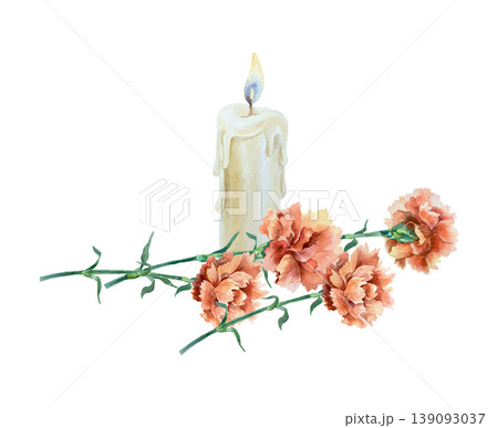 Red carnations and a burning candle. Hand drawn vector illustration. Watercolor clip art for postcards for Remembrance Day, Victory Day and Revolution. Suitable for large banners and posters. Red carnations and a burning candle. Hand drawn vector illustration. Watercolor clip art for postcards for Remembrance Day, Victory Day and Revolution. Suitable for large banners and posters. 139093037