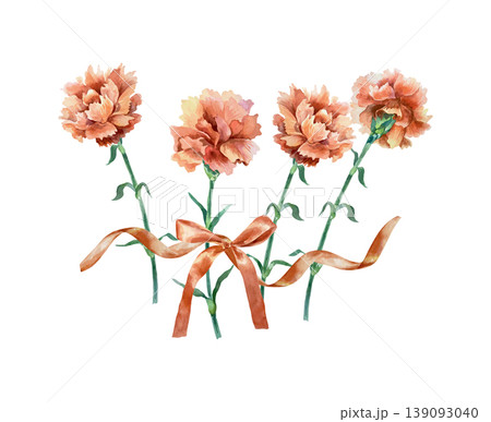 Red carnations tied with a ribbon and bow. Hand drawn vector illustration. Watercolor clip art for Victory, Mothers and Revolution Day cards. Suitable for large banners and posters. 139093040