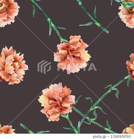 Red carnations on a dark background seamless pattern. Flowers symbolize victory, remembrance and mourning. Hand drawn vector watercolor illustration for textile design, wrapping paper and wallpaper. Red carnations on a dark background seamless pattern. Flowers symbolize victory, remembrance and mourning. Hand drawn vector watercolor illustration for textile design, wrapping paper and wallpaper. 139093050
