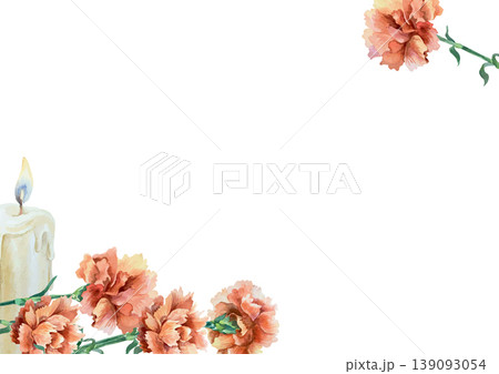 Frame with red carnations and a burning candle. Hand drawn vector illustration. Watercolor clip art for postcards for Victory Day, Mothers and Revolution Day. Suitable for large banners and posters. 139093054