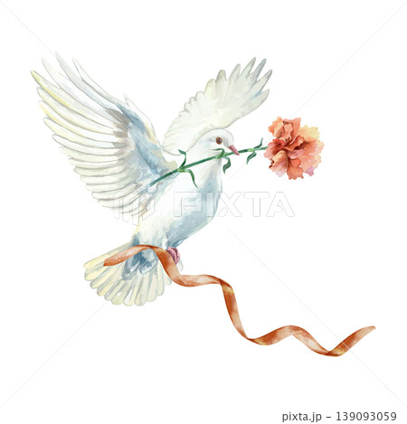 White dove with a red carnation in its beak and a satin ribbon. Hand drawn vector watercolor illustration of a bird and flower for card design for Mothers Day, Victory and Remembrance Day. White dove with a red carnation in its beak and a satin ribbon. Hand drawn vector watercolor illustration of a bird and flower for card design for Mothers Day, Victory and Remembrance Day. 139093059