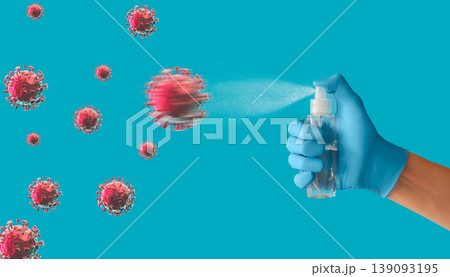 Stop pandemic covid 2019. Spraying on viruses using antiseptic. Disinfectant spray 139093195