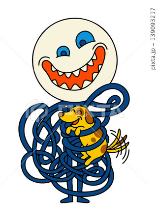 Cartoon Dog Entangled in Blue Lines Held by Smiling Face Cartoon Dog Entangled in Blue Lines Held by Smiling Face 139093217