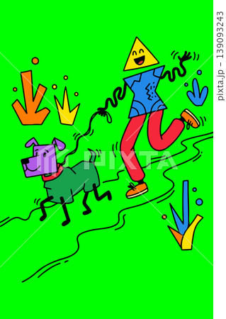 Cartoon Man with Triangle Head Walking a Dog 139093243