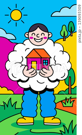 Cartoon Man Holding a House in a Colorful Landscape Cartoon Man Holding a House in a Colorful Landscape 139093309