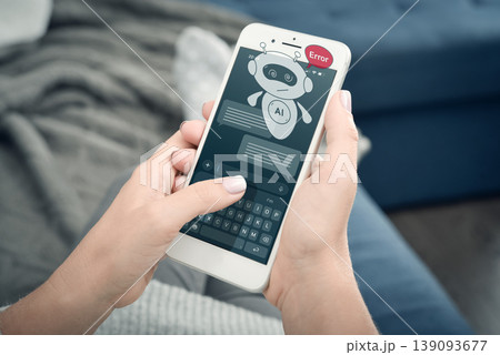 AI chatbot error on smartphone, virtual assistant hologram, artificial intelligence failure concept AI chatbot error on smartphone, virtual assistant hologram, artificial intelligence failure concept 139093677