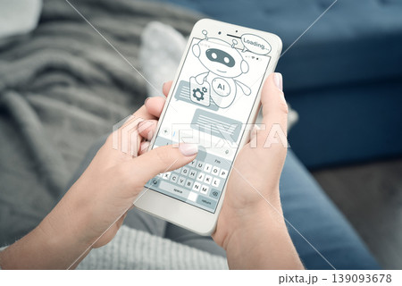 AI chatbot loading on smartphone, virtual assistant hologram, artificial intelligence processing concept 139093678