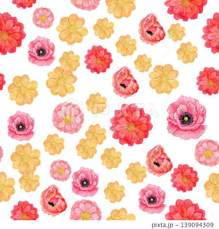 Watercolor Zinnia and Poppy Floral Seamless Pattern 139094309