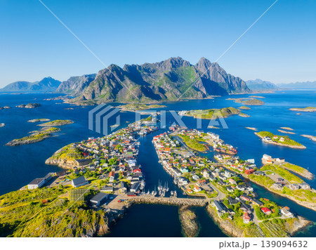 Aerial drone view of Henningsvaer village in Lofoten islands, Norway. Aerial drone view of Henningsvaer village in Lofoten islands, Norway. 139094632