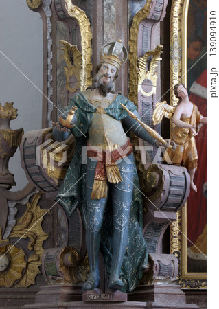 Saint Stephen of Hungary, statue on the altar of the Holy Three Kings in the Church of the Assumption of the Virgin Mary in Klostar Ivanic, Croatia 139094910