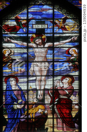 Crucifixion, Jesus on the cross, stained glass window from Saint-Jean de Montmartre church, Paris Crucifixion, Jesus on the cross, stained glass window from Saint-Jean de Montmartre church, Paris 139094939