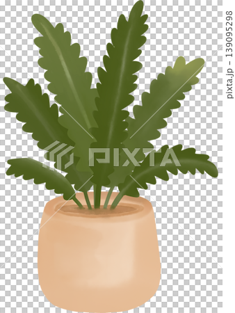 A soft digital illustration of a leafy ornamental houseplant in a rounded beige pot. 139095298