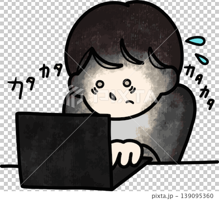 残業・仕事に追われる人のイラスト素材　パソコンでタイピング　カタカタ　汗　手書き風　ビジネス　白背景 139095360