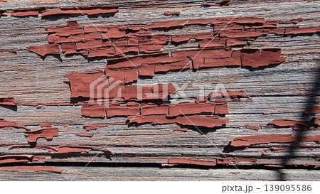 Close-up of severely aged wood boards with heavily peeling rich red paint, revealing weathered gray timber underneath with deep cracks, rustic decay and texture concept 139095586