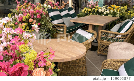 Cozy outdoor cafe terrace with flowers at Gorky Park Moscow Cozy outdoor cafe terrace with flowers at Gorky Park Moscow 139095877