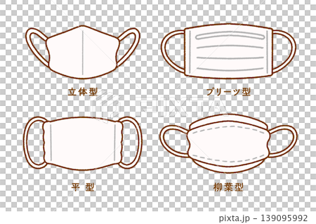 Four-piece illustration set of different mask types: 3D, pleated, flat, and leaf-shaped. 139095992