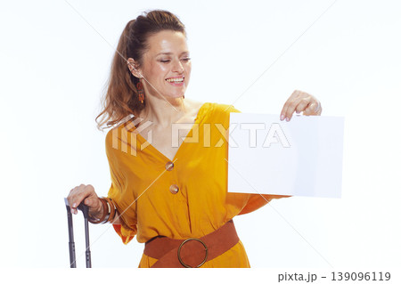 Cheerful Woman Checking Blank Travel Signage 139096119