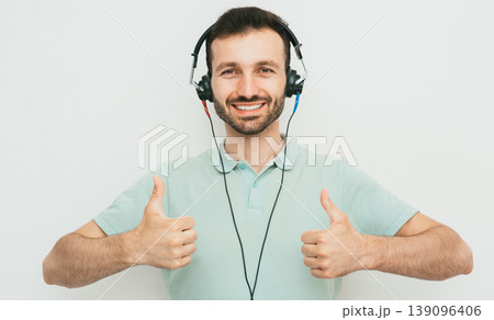 Hearing test, hearing diagnostic. A man wearing headphones having an audiometry . Hearing check-up 139096406