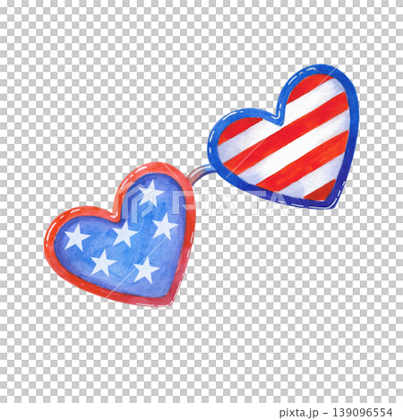 Heart-shaped sunglasses with the US flag. Watercolor illustration in blue and red, isolated. Hand-drawn festive accessory for festival or holiday decorations. 139096554