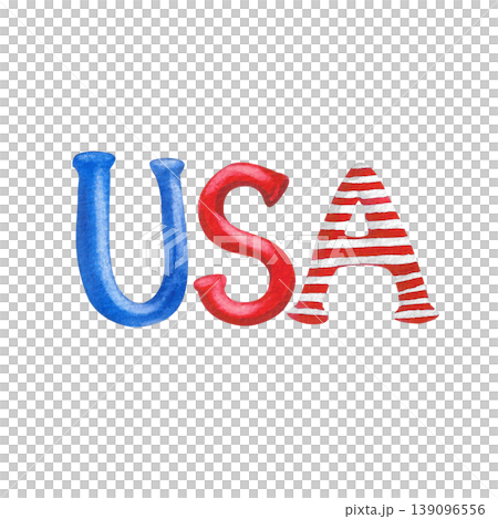 USA inscription, isolated. Colorful, playful hand drawn letters. Red and blue, the national colors. Watercolor illustration of a festive composition for a festival, holiday, or print. 139096556