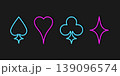 Neon outline icons of playing card suits. Spades, Hearts, Diamonds and Clubs symbols. Vector illustration 139096574