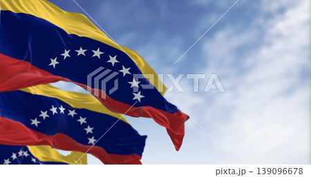 Close-up of Venezuela national flags waving on a clear day Close-up of Venezuela national flags waving on a clear day 139096678