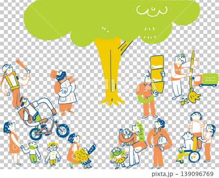 A group portrait of workers looking up to the future: Blue-collar workers, a multi-generational hope supporting society and life, a big tree, solidarity. A group portrait of workers looking up to the future: Blue-collar workers, a multi-generational hope supporting society and life, a big tree, solidarity. 139096769