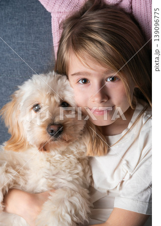 Portrait of a Little Girl Hugging Her Cream Maltipoo Puppy on a Couch Portrait of a Little Girl Hugging Her Cream Maltipoo Puppy on a Couch 139096775
