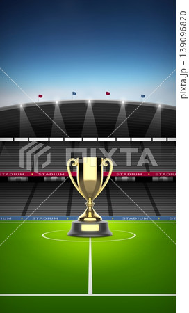 Modern soccer stadium with trophy illustration with bright lighting. 139096820