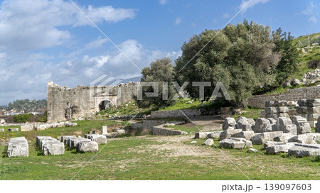 Panoramic view of the Letoon Sacred Area ruins, featuring ancient walls and scattered stone blocks, historic Lycian ruins near city of Xanthos, Mugla, Turkey Panoramic view of the Letoon Sacred Area ruins, featuring ancient walls and scattered stone blocks, historic Lycian ruins near city of Xanthos, Mugla, Turkey 139097603